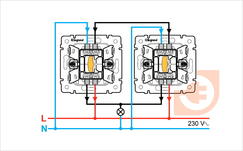 Рисунок 8. Схема управления освещения с двух мест переключателями с индикацией.