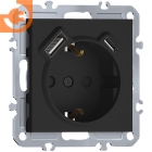 Механизм электрической розетки 2К+З, винтовые зажимы, с зарядным устройством USB A+C, 5V/3A, мощность 20W, матовый карбон, серия A07, пр-во Donel (∩DB19900+DE22930)