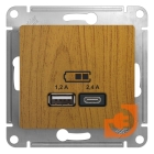 Розетка USB двойная (5В, 2.4А) тип A + тип С, дуб, Glossa, пр-во Schneider Electric (GSL000539)