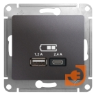 Розетка USB двойная (5В, 2.4А) тип A + тип С, графит, Glossa, пр-во Schneider Electric (GSL001339)