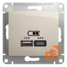 Розетка USB двойная (5В, 2.4А) тип A + тип С, молочный, Glossa, пр-во Schneider Electric (GSL000939)