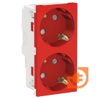 Механизм двойной электрической розетки 2х2К+З, нем. стандарт, с защитными шторками, винтовыми клеммами, красный, Unica NEW Modular, пр-во Schneider Electric (NU306703A)
